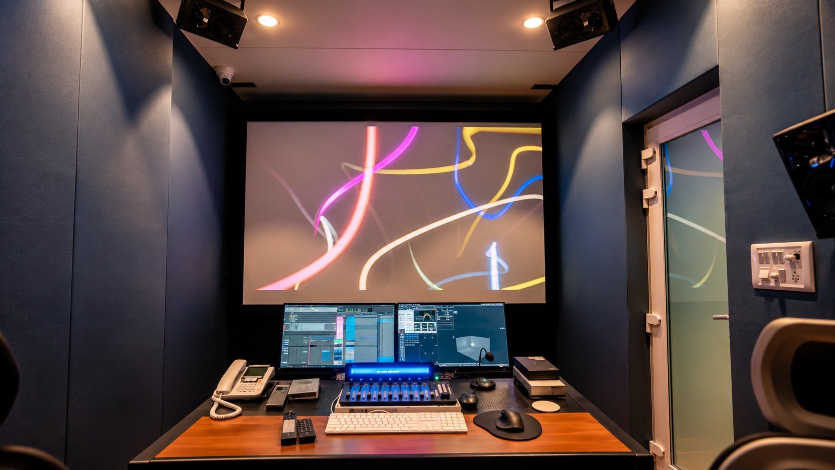 The STUDIO25 7.1.4 Dolby Atmos room from the front: projection screen, workstation monitors and control surface